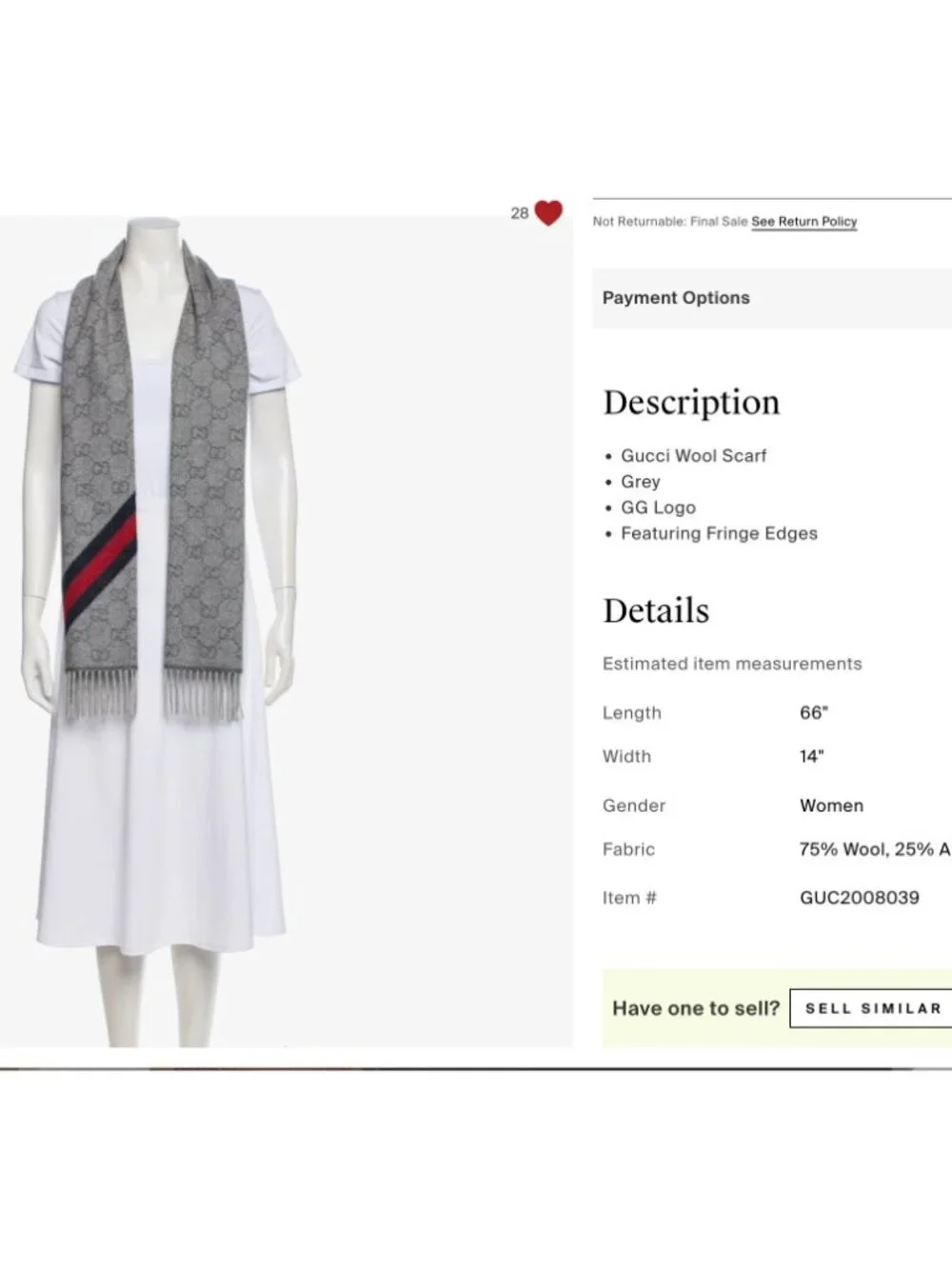 GUCCI scarf gray GG logo wool alpaca web stripe 14